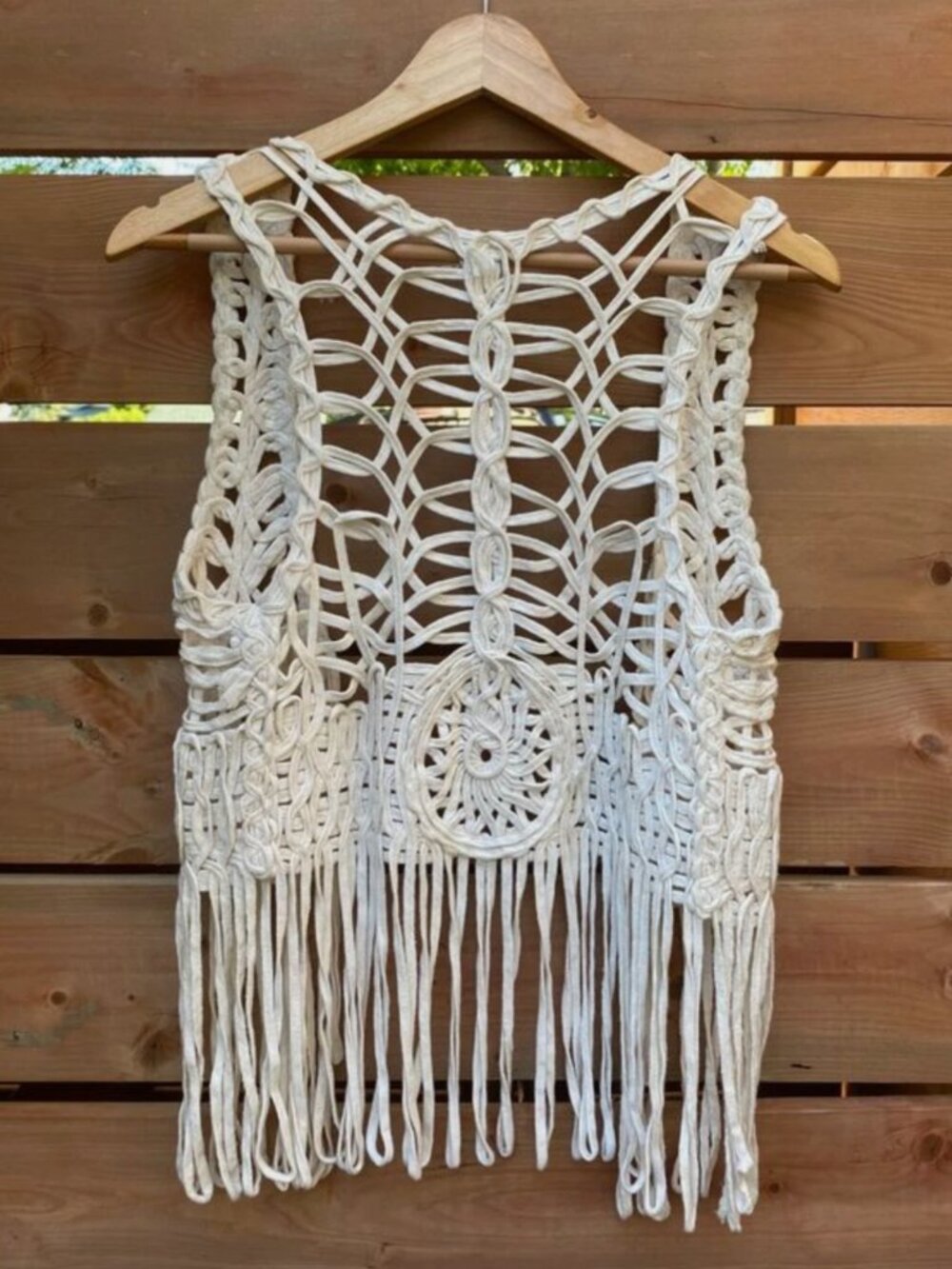 Bohemian Crochet Macrame Festival Vest White Rope with Mandala / Tassle Cotton